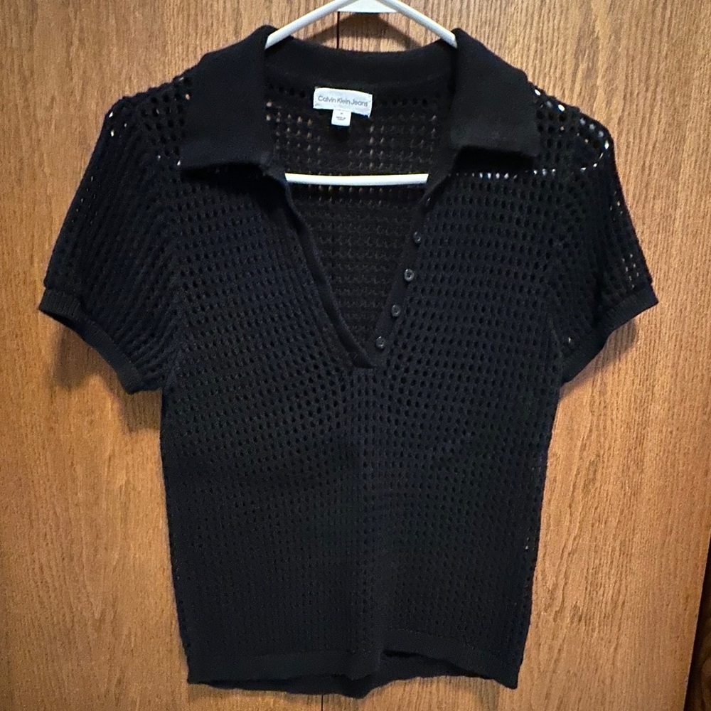 Calvin Klein Women's Open Stitch Cap Sleeve Polo Shirt, Black size medium